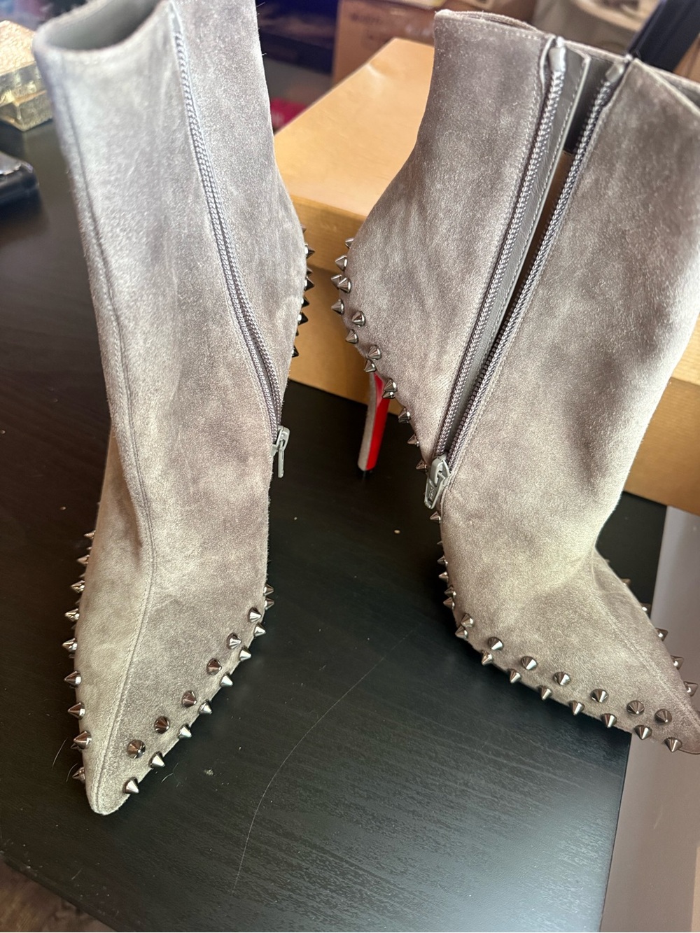 Christian Louboutin Gray Suede Studded Ankle Boots with Red Sole - Picture 5 of 11